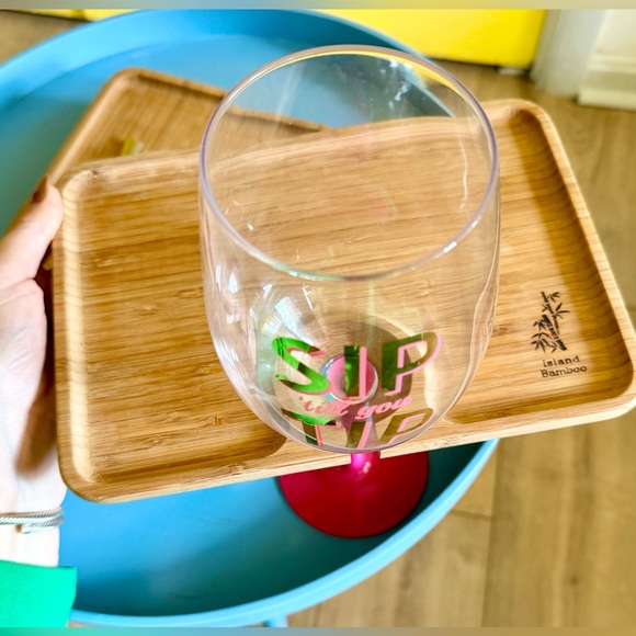 NWOT Bamboo Hors d'oeuvres Plate with Wine Glass Holder: Set 4 - Picture 4 of 13